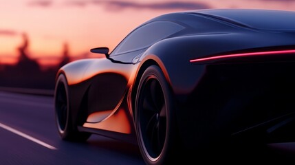 A sleek black sports car on a road during sunset, showcasing modern design and elegance.