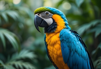 Fototapeta premium Blue and yellow macaw in a tropical setting