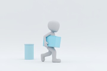 3d character walking with a box on his head