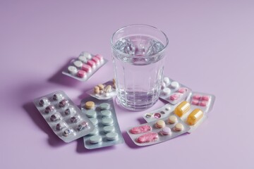 a glass of water and pills on a purple surface