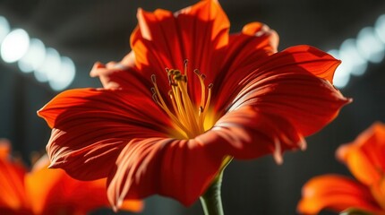 A striking macro shot of a vibrant red lily in bloom, capturing intricate petal details with a softly blurred background.  
