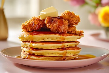Delicious stack of pancakes with crispy chicken and syrup topped with butter served on a plate
