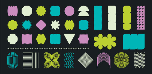 Brutalist geometric abstract shapes. Minimalist trendy forms. Set primitive graphic design elements. Flowers, stars, lines. Brutal modern memphis vector illustration.