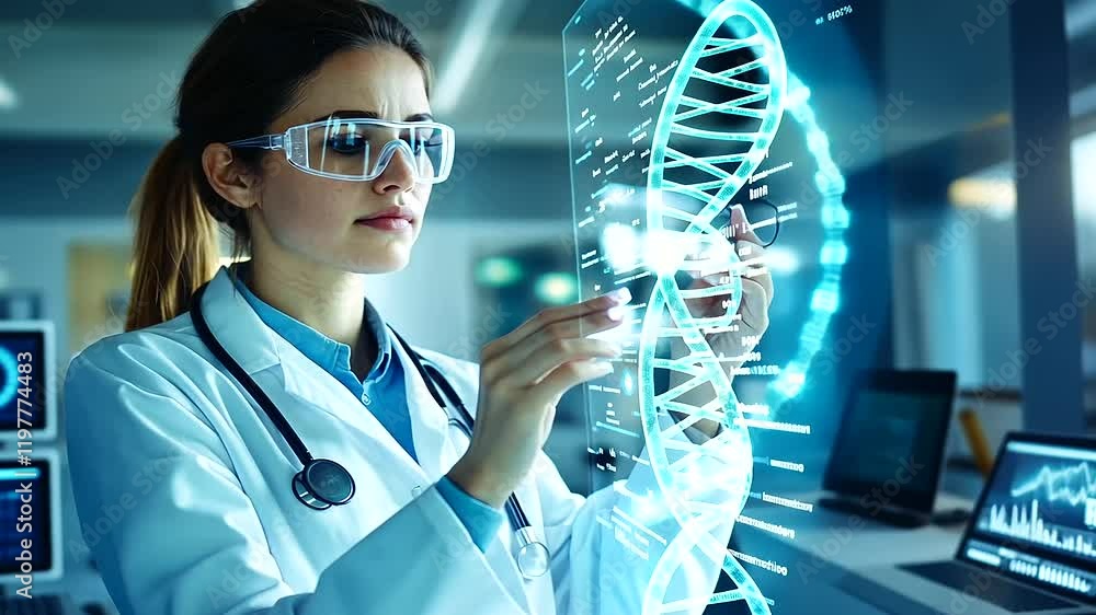 Aufkleber a professional female doctor in a high-tech lab analyzing a floating holographic dna structure, whil