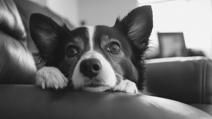 Monochrome portrait of a dog resting its paws on a leather armchair.