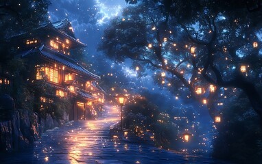 Magical Night Scene Cozy Hillside Path with Lights