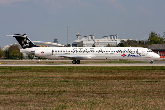 Frankfurt am Main, Germany - April 14, 2009: Spanish Spanair McDonnell Douglas MD-83 in Star Alliance livery with registration EC-GVO on take off roll on runway 18 of Frankfurt Airport