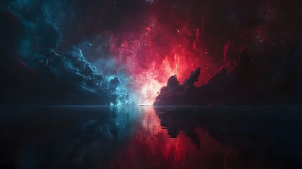 A breathtaking digital artwork depicting a celestial scene. Vibrant red and blue nebulae illuminate the night sky above a calm, reflective body of water, creating a surreal and captivating atmosphere.