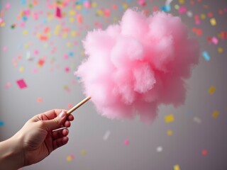 This image shows a hand holding a fluffy pink cotton candy against a bright blue background.