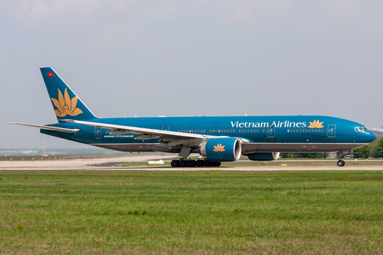 Frankfurt am Main, Germany - May 2, 2009: Vietnam Airlines Boeing 777-200 with registration VN-A150 on take off roll on runway 18 of Frankfurt Airport