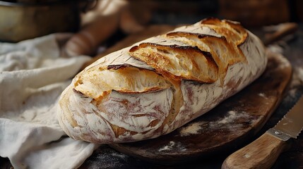 Freshly Baked Baguette with Crispy Crust on Wooden Board