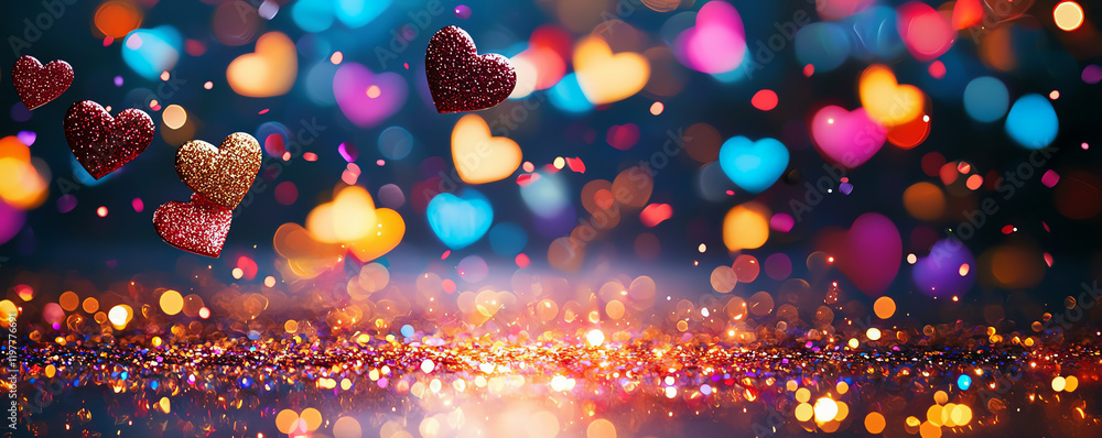Poster a vibrant display of floating hearts and sparkling lights, creating a magical atmosphere perfect for