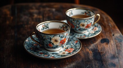 Fototapeta premium Two ornate teacups rest gently on dark wood soft warm light enhances floral detail. AI Generated