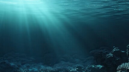 Fototapeta premium Stunning Underwater Scene: Sunbeams Penetrating the Deep Ocean Floor, Unveiling a Breathtaking Coral Reef Landscape