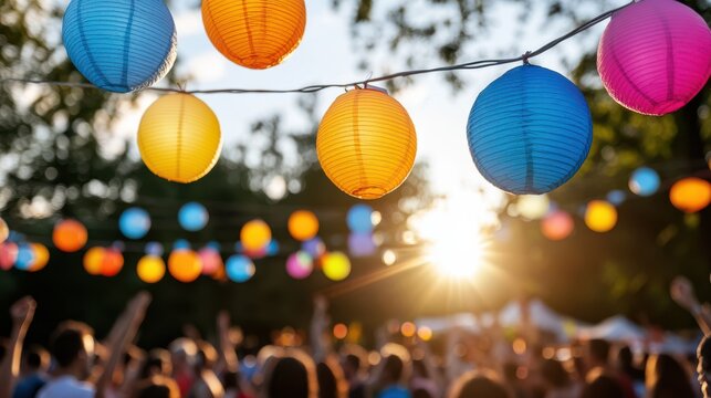 A lively summer festival with people dancing under colorful lanterns as the sun sets, celebrating with joy and community spirit.