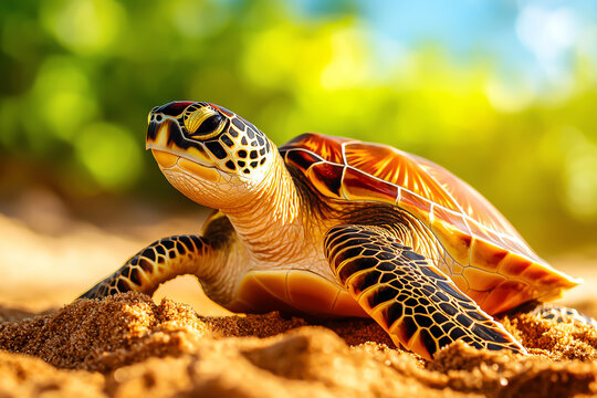 A vibrant turtle basking on sandy beach, showcasing its intricate shell patterns and a lively natural background