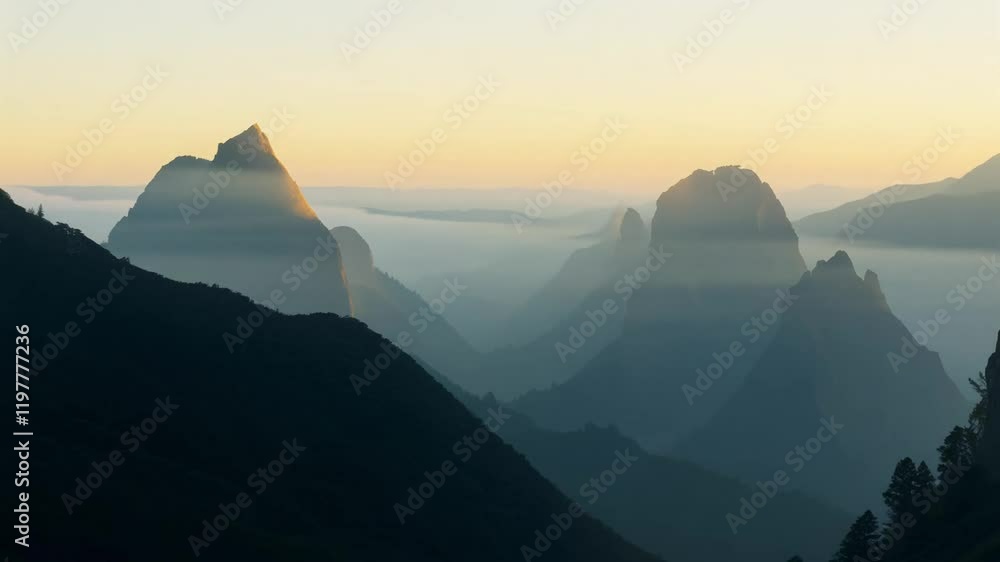 Poster slow zoom in video of misty mountain range at dawn with diffused lighting and peaks softly blurred b