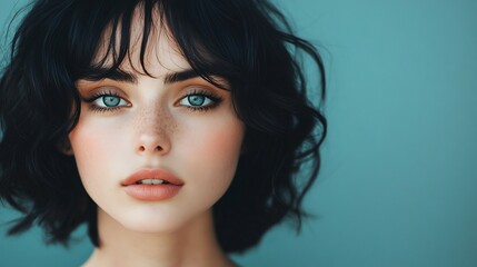 Naklejka premium Serene woman soft light portrait blue eyes dark hair. AI Generated