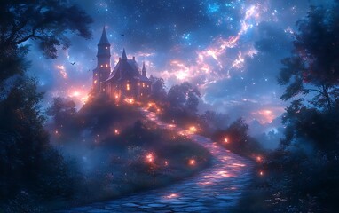 Magical Castle Path at Night