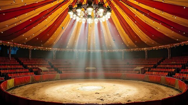 Empty Circus Ring Under Striped Tent and Stage Lights