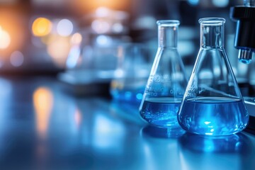 Close-up of laboratory flasks with blue liquid in a science lab