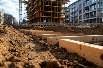 An urban construction site featuring wooden planks laid on a dirt foundation with a partially built building in the background under a clear blue sky.
