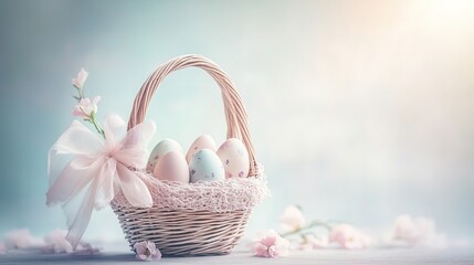 A delicate wicker Easter basket filled with painted eggs and decorated with a silk bow, set against a soft pastel background
