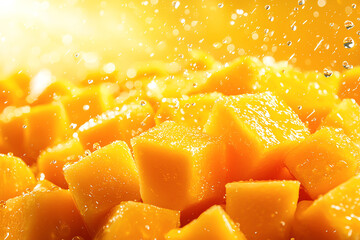 Fresh, juicy mango cubes glistening with water droplets, capturing the essence of tropical flavor and vibrant colors, perfect for summertime recipes and healthy snacking.