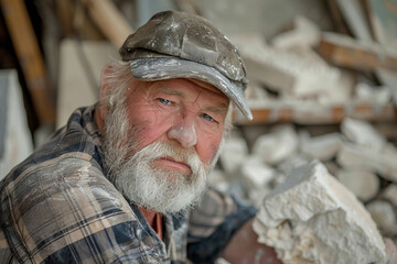 Fototapeta premium Generative AI Image of a Stonemason Working with Stone, Shaping and Carving Stone Surface