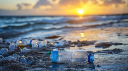 A plastic bottle lies on the beach at sunset, highlighting environmental pollution.