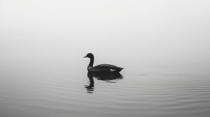 Solitary swan swimming on calm, misty water.
