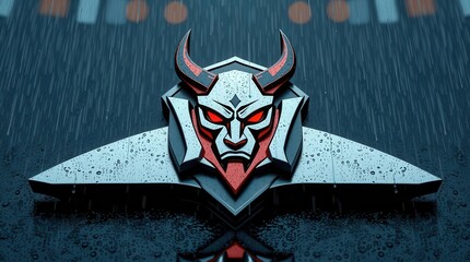A menacing metal emblem of a horned demon face with glowing red eyes, set against a dark, rainy, and moody background.  
