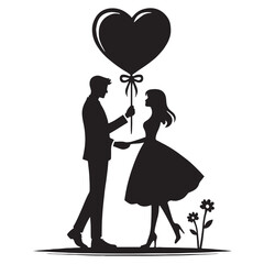 Romantic couple silhouette with heart balloon for artistic media - Couple with heart balloon vector, Couple silhouette illustration, Valentine silhouette
