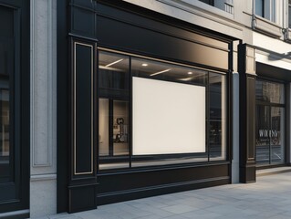 A modern city storefront with a clean, white display window advertising an event or promotion.