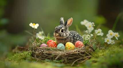 Adorable baby bunny nestled in a bird's nest with colorful Easter eggs. Surrounded by lush greenery and delicate white flowers, creating a charming spring scene.