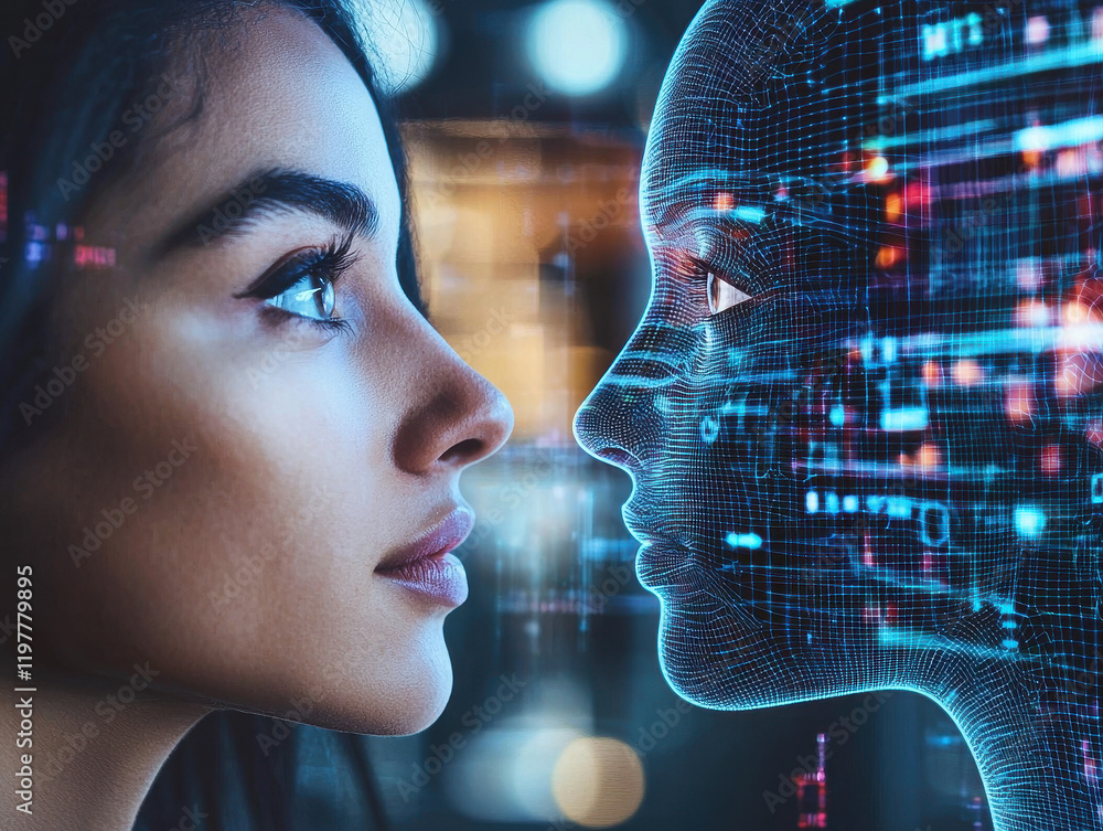 Poster close-up interaction between a human and an ai showcasing vibrant light particles during the exchang