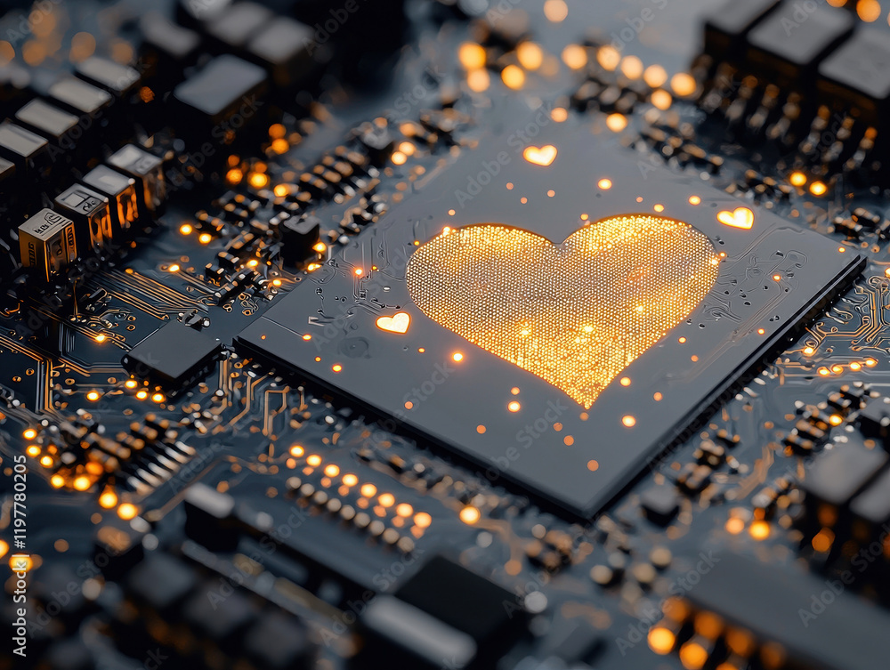 Poster close-up view of an ai processor featuring a glowing heart motif at its center, showcasing the fusio