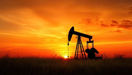 Naklejka premium An oil pump jack stands silhouetted against a stunning sunset