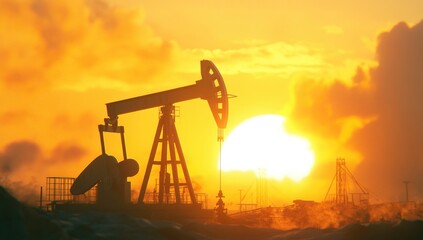 An oil pump jack stands prominently against the backdrop of a stunning sunset, casting a shadow over the industrial site. The sky is filled with vibrant colors as evening approaches