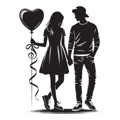 Romantic couple silhouette with heart balloon for artistic projects - Couple with heart balloon vector, Couple silhouette illustration, Valentine silhouette
