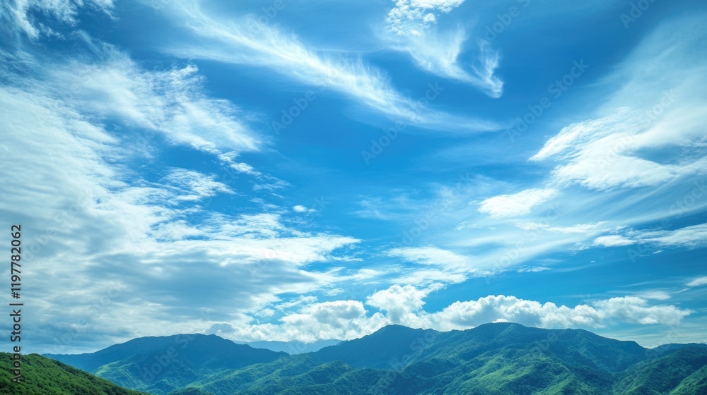 Poster panoramic view of mountain range on a clear day with clouds scattered across the sky.