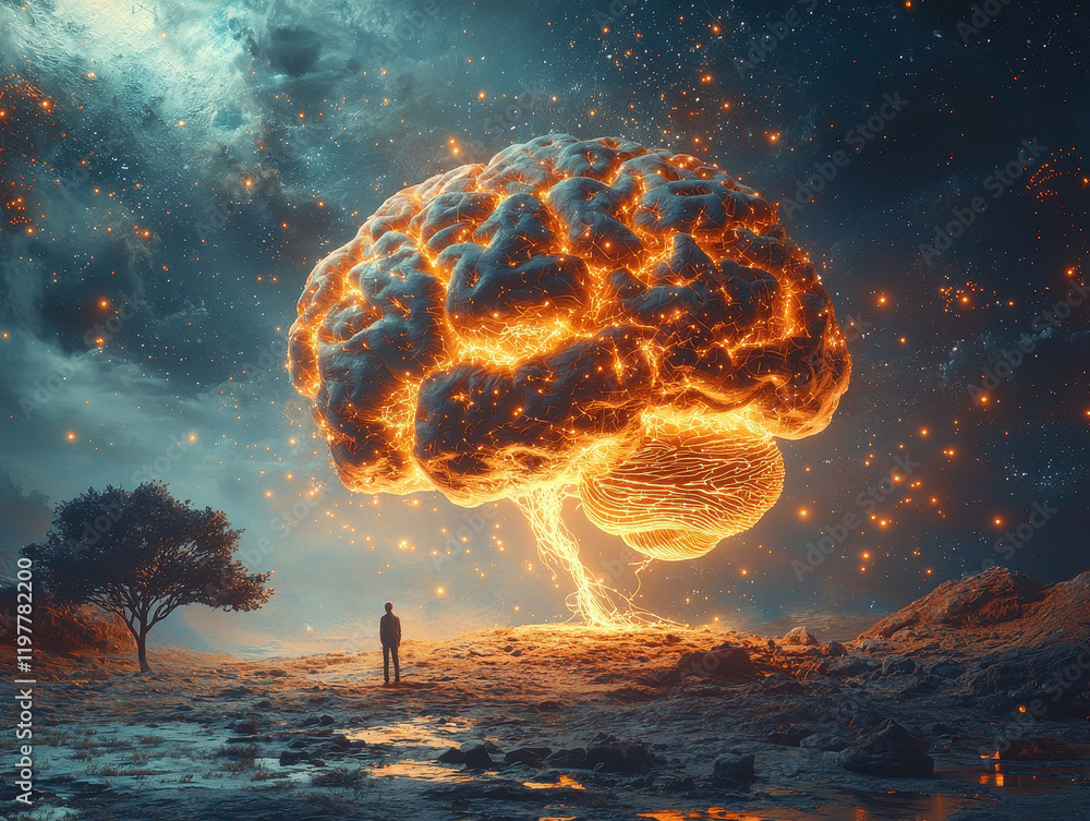Poster human engages with a giant ai brain in a cosmic environment filled with swirling data streams and ne