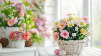 Bright and colorful flower arrangement in white basket, featuring daisies, tulips, and other blooms, creating cheerful spring atmosphere with pastel eggs nearby