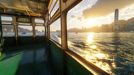 Fototapeta premium Hong Kong ferry sunset cityscape harbor travel