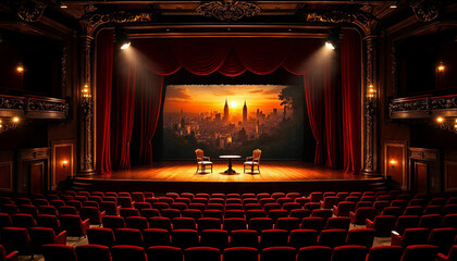 Grand theater stage with dramatic lighting, red velvet curtains, and an ornate backdrop.

