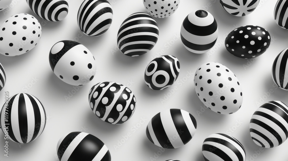 Poster black and white decorative eggs with various patterns, including stripes and polka dots, create stri