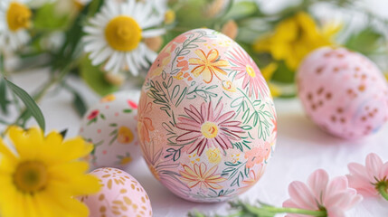 Easter egg decorated with floral patterns surrounded by spring flowers, creating vibrant and festive atmosphere. Perfect for celebrating season