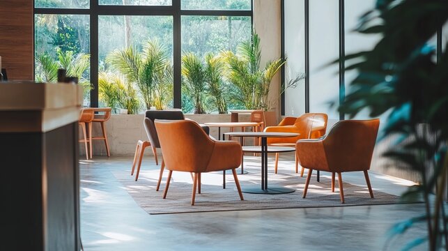 Modern, open office interior with stylish furnishings and ample natural light, creating a welcoming and productive work environment. 
