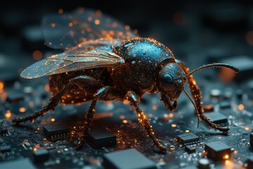 Fototapeta premium a bee with glowing blue wings on a black background