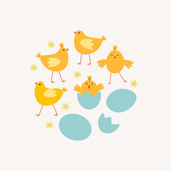 Hand drawn Doodle with cute Chickens and flowers for text. Festive background with farmer motive for Easter holiday, Birthday, baby shower, congratulation. Design for card, posters, flyer, card, paper